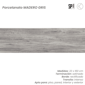 Simil madera porcelanato satinado MADERO GRIS 22x160 cm