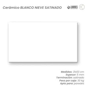 Cerámico Blanco Nieve Satinado 31x53 cm 1ra calidad para pared- Caja x 1,65 m2