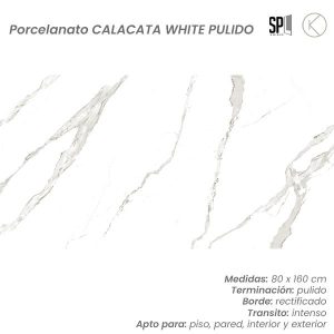 PORCELANATO MARMOL "CALACATA WHITE" PULIDO 80x160 cm